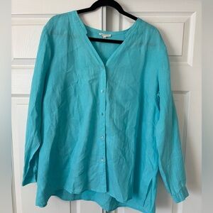 Eileen Fisher Size 1X 100% Irish Linen Button Down Top Aqua Blue Resort Vacation